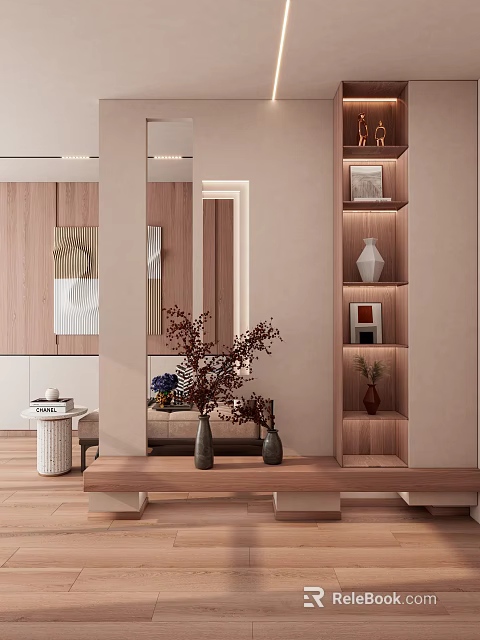 Modern Entryway Hallway With Wooden Shelves Vases Mirror And Decorative Plants 3d model 