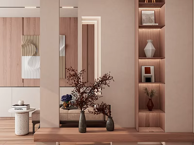 Modern Entryway Hallway With Wooden Shelves Vases Mirror And Decorative Plants 3d model