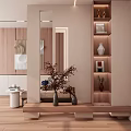 Modern Entryway Hallway With Wooden Shelves Vases Mirror And Decorative Plants