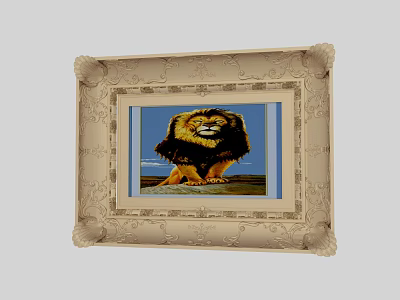 Ivory Colored Carved Decorative Photo Frame Displaying Lion Painting With Blue Background 3d model