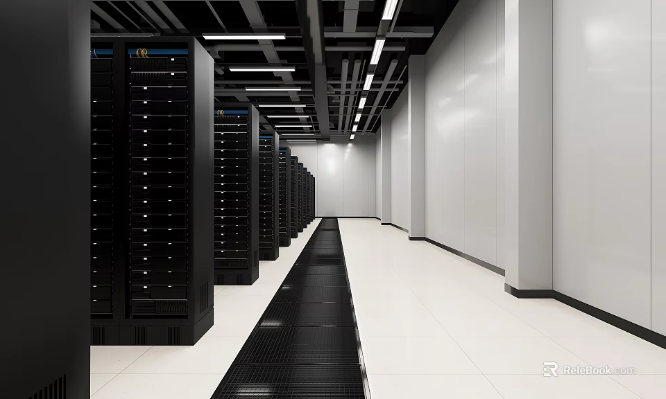 Modern Data Center Room With Rows Of Black Servers White Floors And Ceiling Lights 3d model 