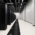 Modern Data Center Room With Rows Of Black Servers White Floors And Ceiling Lights