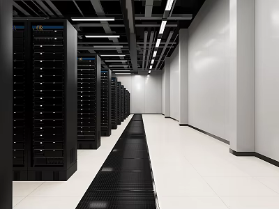 Modern Data Center Room With Rows Of Black Servers White Floors And Ceiling Lights 3d model