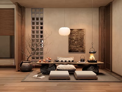 Traditional Tea Room Interior With Wooden Tea Table Floor Cushions Hanging Lamp And Decorative Painting 3d model