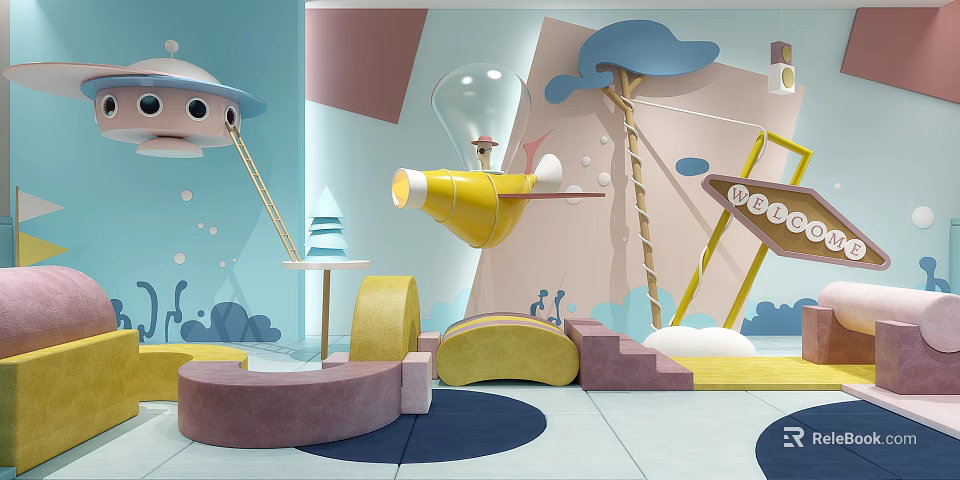 Modern Children's Play Equipment With Colorful Cartoon Spaceship And Cloud Decorations 3d model 