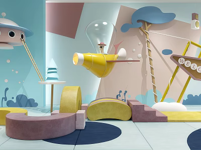 Modern Children's Play Equipment With Colorful Cartoon Spaceship And Cloud Decorations 3d model