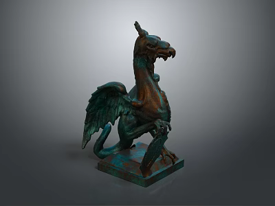Detailed Bronze Winged Mythical Creature Sculpture Standing On Pedestal For Furniture Decor 3d model