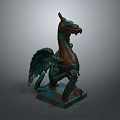 Detailed Bronze Winged Mythical Creature Sculpture Standing On Pedestal For Furniture Decor