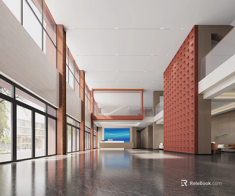 Modern Front Desk Reception Lobby With Large Windows Red Textured Wall And Blue Screen 3d model