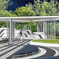 Modern Pergola Design With Wooden Structure White Roof Greenery And Pathway For Outdoor Landscape