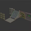 3D Model of Castle Entrance With Stone Walls Staircase Red Door and Metal Gate
