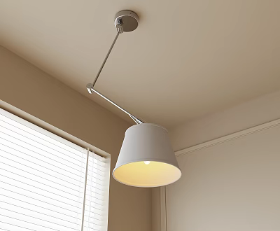Modern Pendant Light With Metal Arm Gray Fabric Shade And Warm Glow In Beige Room 3d model