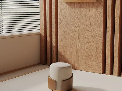 Stylish Side Table with Metal Base Beige Cushion by Wooden Wall and Window Blinds 3d model
