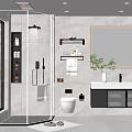 Modern Bathroom Interior With Glass Shower Partition Vanity Mirror Toilet And Plant
