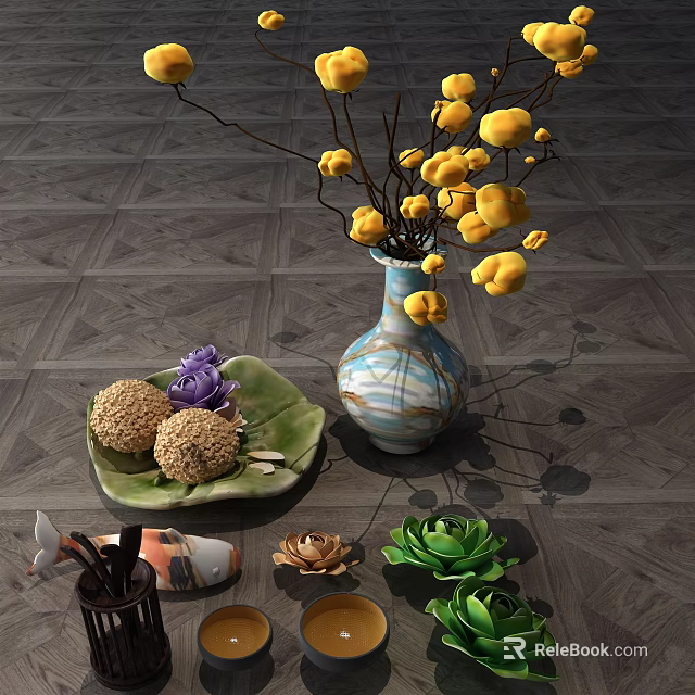 Blue And White Marbled Vase With Yellow Flowers And Decorative Plate Succulents 3d model 