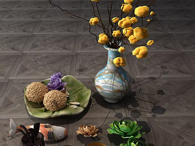 Blue And White Marbled Vase With Yellow Flowers And Decorative Plate Succulents 3d model