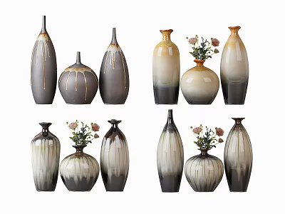 Decorative Ceramic Vases With Fresh Flowers And Striped Patterns For Home Interior Decor 3d model