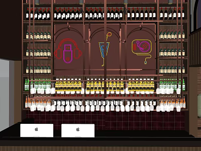 Stylish Wine Cabinet Interior With Rows Of Bottles And Hanging Glasses 3d model