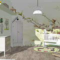 White Baby Crib in Cozy Nursery with Wall Mural Hanging Lamp and Owl Rug