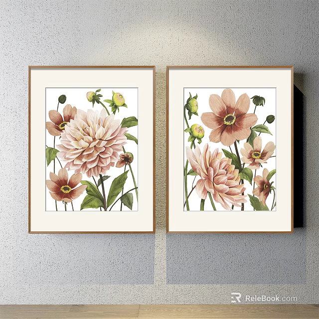 Botanical Paintings Featuring Pink Flowers Green Leaves Framed Hanging On Wall 3d model 