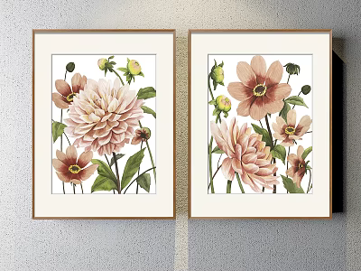 Botanical Paintings Featuring Pink Flowers Green Leaves Framed Hanging On Wall 3d model
