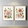 Botanical Paintings Featuring Pink Flowers Green Leaves Framed Hanging On Wall