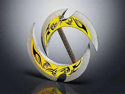 Double Ring Bladed Weapon With Yellow Black Decorative Patterns Metal Blades And Wooden Handle 3d model