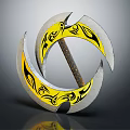 Double Ring Bladed Weapon With Yellow Black Decorative Patterns Metal Blades And Wooden Handle