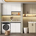 Modern Bathroom Cabinetry Interior With White Cabinets Sink Washing Machine Storage And Lighting