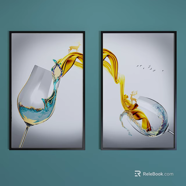 Elegant Wall Art Decor With Wine Glass Splashing Liquid And Deer Elements 3d model