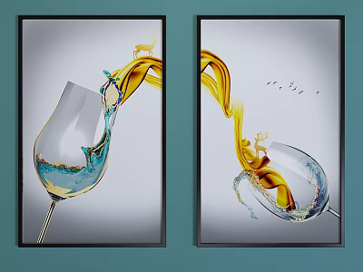 Elegant Wall Art Decor With Wine Glass Splashing Liquid And Deer Elements 3d model