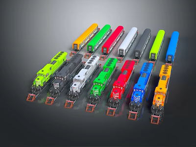 Colorful Toy Train Models Arranged on Tracks in Various Bright Colors 3d model