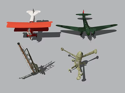Red And Green Fighter Aircraft Models Featuring Biplane And Monoplane Designs 3d model