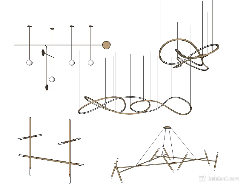 Various Modern Chandeliers With Unique Geometric Hanging Structures And Metal Frames 3d model 