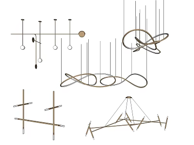Various Modern Chandeliers With Unique Geometric Hanging Structures And Metal Frames 3d model