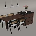Modern Wooden Dining Table Set With Four Woven Chairs Side Cabinet And Pendant Lights