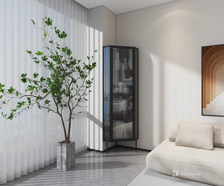 Stylish Display Cabinet with Glass Door in Modern Living Room Interior with Green Plant 3d model 