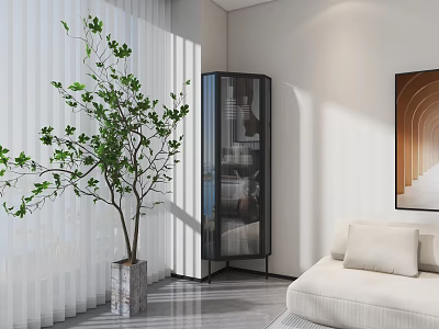 Stylish Display Cabinet with Glass Door in Modern Living Room Interior with Green Plant 3d model