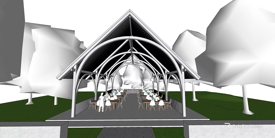 Outdoor Pavilion Featuring Gabled Roof Arched Framework Lawn Trees Tables And Chairs 3d model 