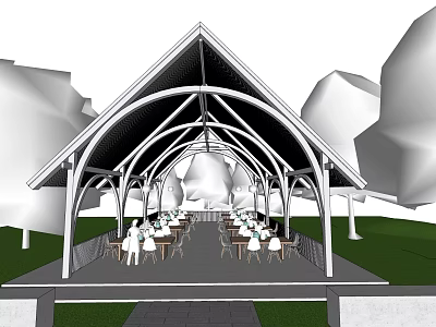 Outdoor Pavilion Featuring Gabled Roof Arched Framework Lawn Trees Tables And Chairs 3d model
