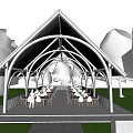 Outdoor Pavilion Featuring Gabled Roof Arched Framework Lawn Trees Tables And Chairs