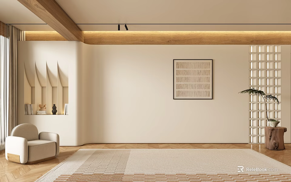 Modern Sofa Background Wall Interior With Beige Sofa Wooden Floor Textured Painting And Lattice Screen 3d model 