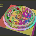 3D Circular Architectural Model With Central Domed Building Symmetrical Structures Green Lawn And Surrounding Pathway