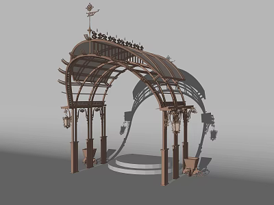 Ornate Arched Entrance Gate With Wooden Frame Decorative Top And Side Lanterns 3d model