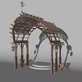 Ornate Arched Entrance Gate With Wooden Frame Decorative Top And Side Lanterns
