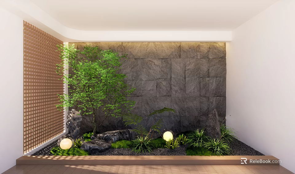 Indoor Landscape With Stone Wall Green Plants Small Tree Rocks And Round Lights 3d model 
