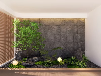 Indoor Landscape With Stone Wall Green Plants Small Tree Rocks And Round Lights 3d model