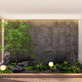 Indoor Landscape With Stone Wall Green Plants Small Tree Rocks And Round Lights