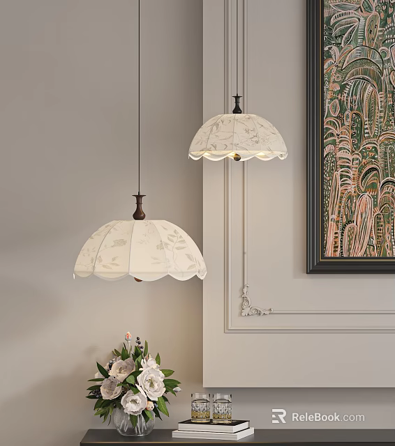 Elegant White Patterned Pendant Lights With Dark Base In Room With Decorative Art And Vase 3d model 