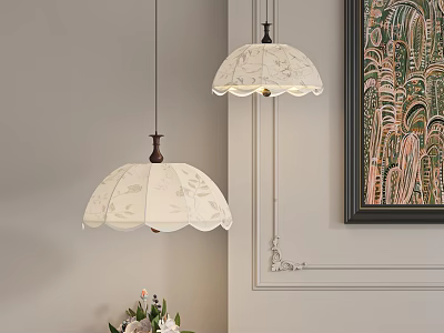 Elegant White Patterned Pendant Lights With Dark Base In Room With Decorative Art And Vase 3d model